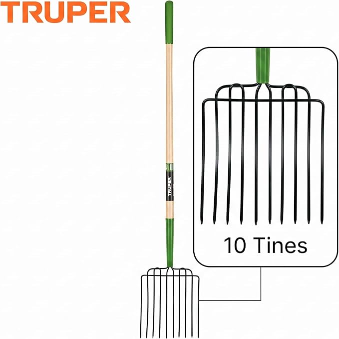 Truper Tru Tough 10-Tine Manure and Bedding Fork, 54-Inch Premium Ash Wood Handle, Forged Steel Head, Heavy-Duty Agricultural & Stable Tool (Model BPJ-10L / 30331)