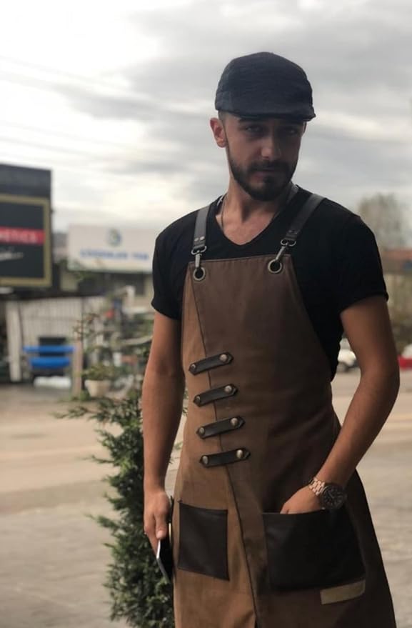 MONAPRON Apron for Women and Men Waterproof Canvas Extra Pocket for Chef Barista Gardening BBQ Grilling Crossback Unisex
