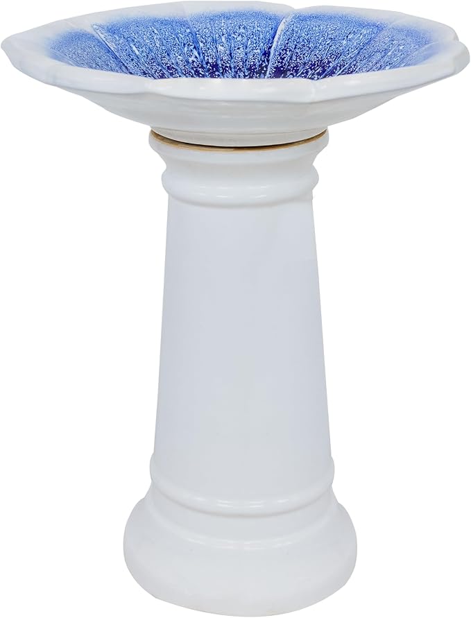 Sunnydaze Misty Blossom Ceramic Bird Bath for Outdoors - 23" H - UV-/ Frost-Resistant - Antique Bird Bath for Garden with White Pedestal/Blue Bowl