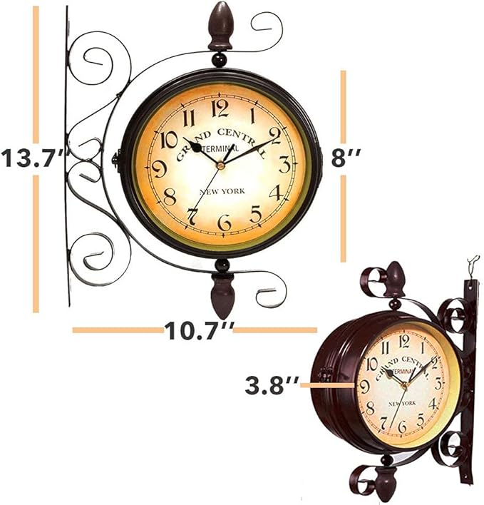 Vintage Double Sided Wall Clock Vintage Industrial Wall Clock for Outdoor Decorative Art Antique Decor Office Kitchen Silent Watches 360 Degree Rotate Antique