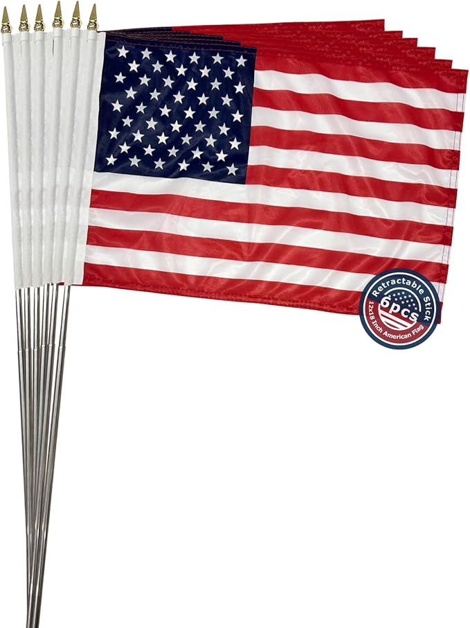 12x18 inch Small American Flag on Stick 6 Pcs for 250th Anniversary, Mini Hand Held US USA Flags with Retractable Stainless Steel Pole for Outside Yard 4th of July Decorations