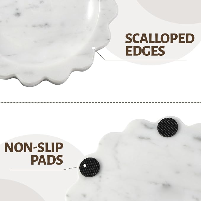 Koville 5.51" Scalloped Marble Tray, Round Stone Jewelry Trinket Dish for Ring, Natural Small Marble Tray for Bathroom Kitchen Dresser Countertop, Decorative Candle Tray(Bianco Carrara)