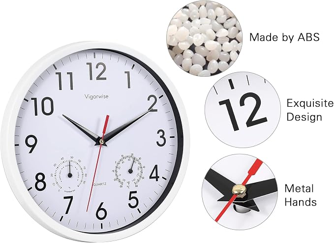 Wall Clock, Sweep Silent Movement Accurate Clocks with Temperature & Humidity, Decorative for Kitchen/Living Room/Bedroom/Office/School/Classroom (White, 10 inch)