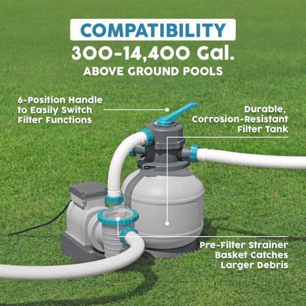 Bestway 2,200 GPH Above Ground Swimming Pool Sand Filter Pump | Compatible with Pools: 300 to 14,400 Gallons, Corrosion-Resistant Tank, Pre-Assembled, Low-Maintenance Pump with Adapters