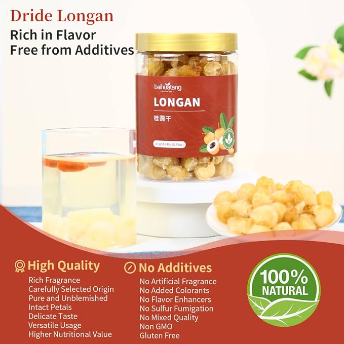 Baihuatang Natural Dried Longan Pure Fruit (240g) - Natural Thai Longan, Seedless & Additive-Free for Tea & Recipes 桂圆干 龙眼肉
