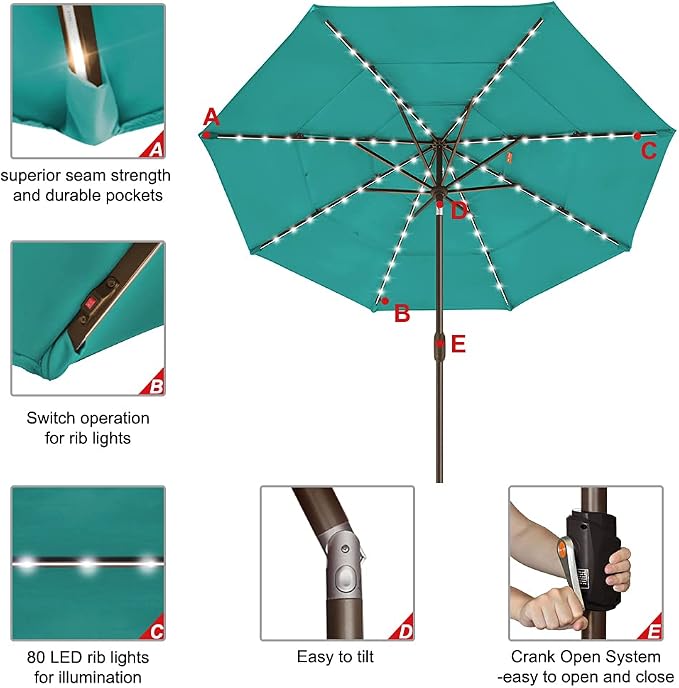 EliteShade USA 10-Year-Non-Fading 9ft 3-Tier Market Patio Umbrella, Commercial Table Umbrella with 80 Solar LED Lights, Crank Open, Windproof & UPF 50+ UV Protection for Garden, Deck, Pool, Backyard, Teal