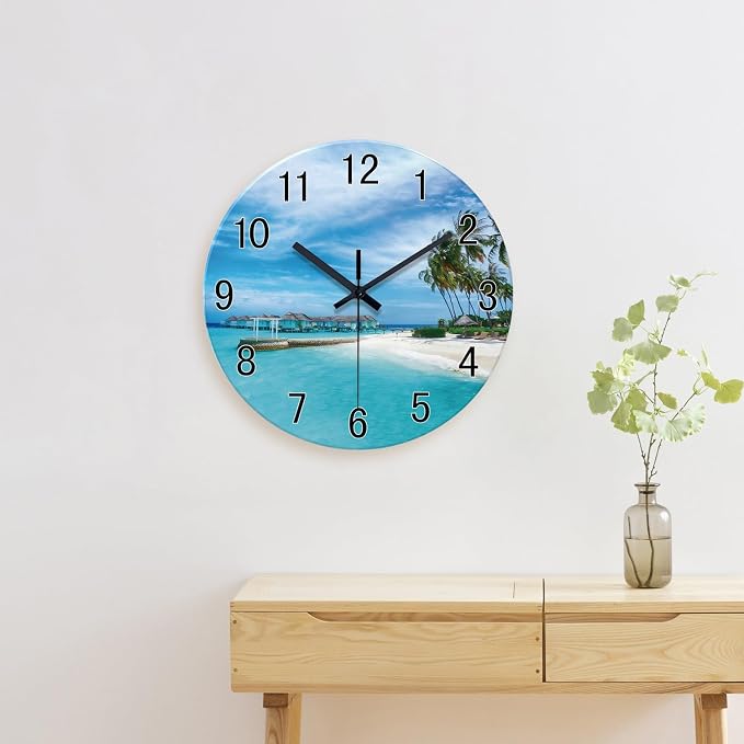 XFM Large Beach Wall Clock 20 Inch Silent Coastal Nautical | Non-Ticking Battery Operated Blue Modern Glass Decorative for Living Room Kitchen Bedroom Office