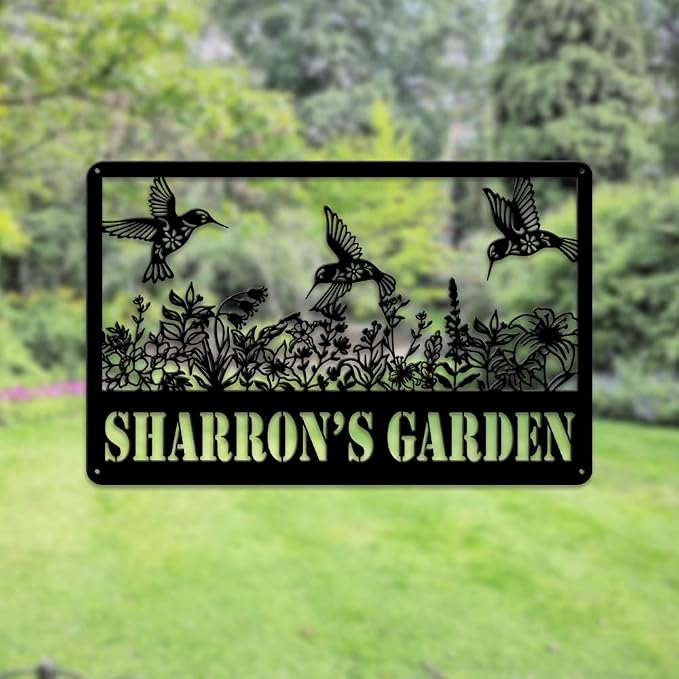 MeMate Hummingbird Garden Signs, Flowers Garden Signs to Personalize, Personalized Metal Signs Hummingbird, Customized Name Wall Art for Garden Outdoor Decor, Large Outdoor Plaque Sign for She Shed