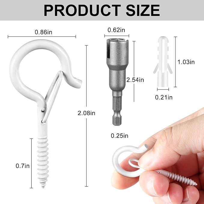 100 Pcs Screw-in Hooks for Outdoor String Lights, Q Hangers Hooks for Outside, Swivel Hanging Basket Patio Hook with Safe Buckle, Screw in Plant Eye Hook for Wall Ceiling with 1 Wing Nut Driver, White
