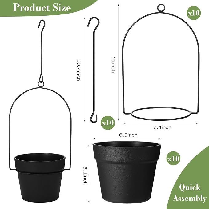 Hushee 10 Packs Metal Hanging Planters for Outdoor Indoor Plants Plant Hanger with 6.3'' Plastic Pots Hanging Planter Basket for Garden Home Porch Decor (Black)