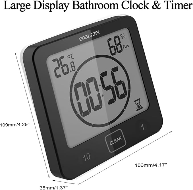 Digital Timer Waterproof Wall Clock, Kitchen Countdown Timer, Shower Clock with Temperature Humidity, Mirror Suction Cup Bathroom Timer, Wall Hanging for Bath Spa Basement Swimming Pool (Black)