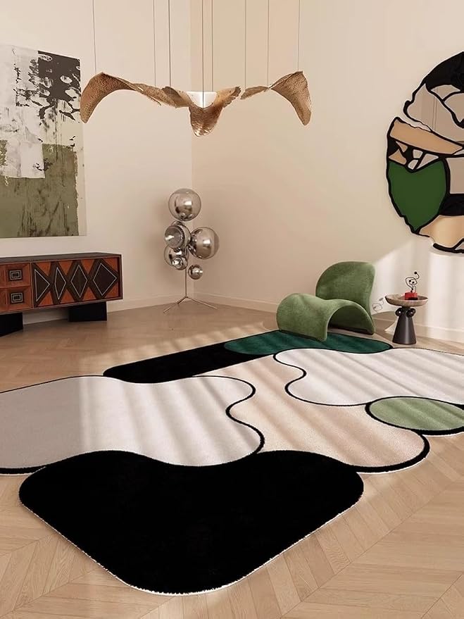Contemporary Abstract Black Beige Green Unique Shaped Rugs for Living Dining Room Bedroom Laundry Room Hallway Dorm Carpets Non Shedding Ultra Thin Washable Reversible Durable Faux Wool Rug 6x8
