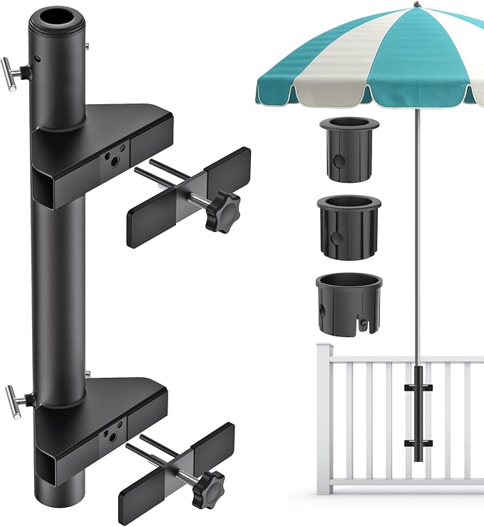 KingDolly No-Drilling Patio Umbrella Holder for Deck Railing with Space-Saving Design, Heavy Duty Deck Umbrella Mount - Fits 1"-1.9" Umbrella Poles, Adjustable Clamp on Umbrella Holder for Deck