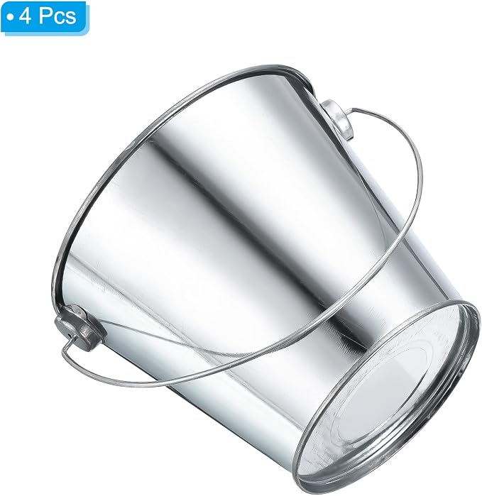 PATIKIL 4.7 Inch Colored Metal Buckets, 4 Pack Pencil Holder Buckets Round Metal Planter Pails Container with Handles for Classroom Crafts, Bright Silver