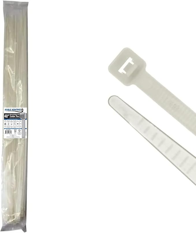 Kable Kontrol Heavy Duty Cable Zip Ties 50 Pcs 48 Inch, Natural White, 175 Lbs Tensile Strength, Self-locking Nylon Clear Plastic Wire Ties wraps for Indoor or Outdoor Use