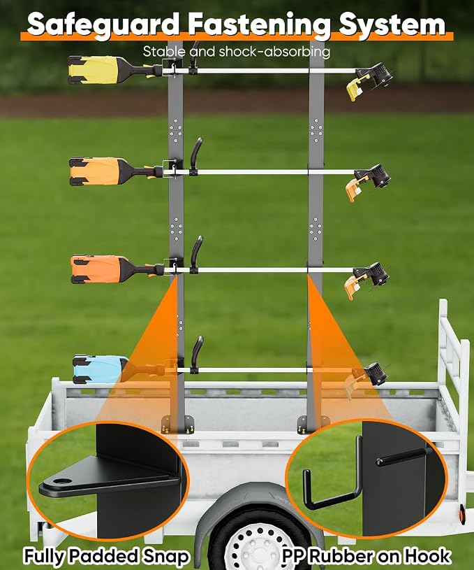 Mondazie 4 Place Weed Eater Rack for Trailer, Utility Open Trailer Trimmer Racks with Lockable Snap Buckle Mount On Landscape Truck Trailer, Weedeater Rack Holder with L-Shaped Base for Lawn Equipment