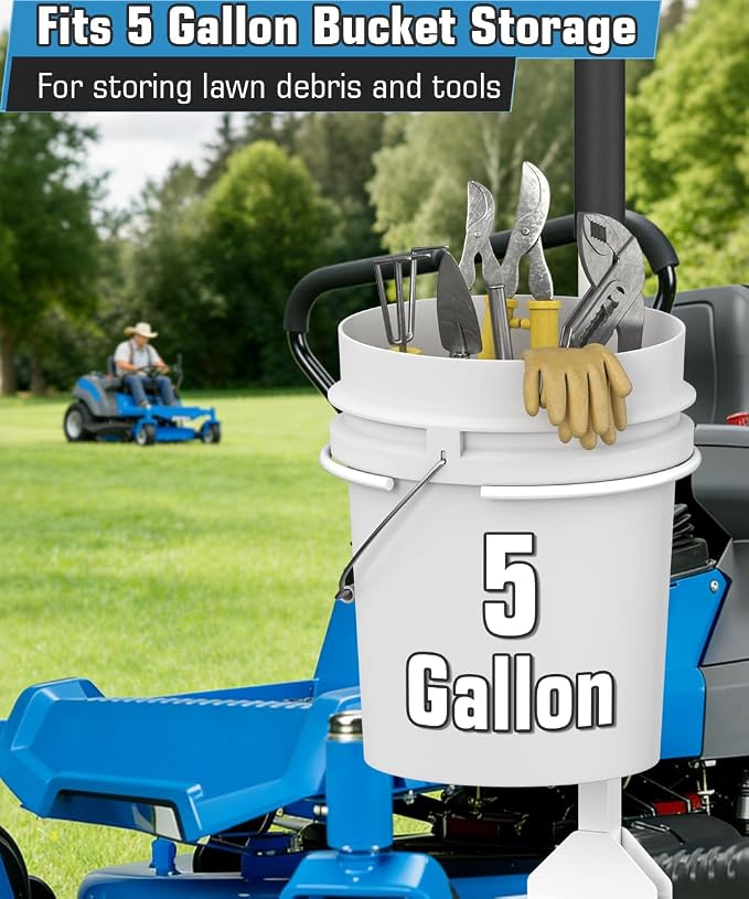 Koutemie Zero Turn Mower Handle, 5 Gallon Bucket Holder Mount with Clamp for Lawn Mower Bar, Zero Turn Bucket Holder Handle Kit Accessories for Outdoor Garden Yard Trash Cleaning Grabber Tool, White