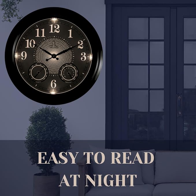 24 inch Illuminated Outdoor Clock for Patio, Waterproof with Thermometer - Large Night Light Wall Clock with Smart LED Sensor, Temperature and Humidity - Weatherproof & Easy to Read for Patio & Home