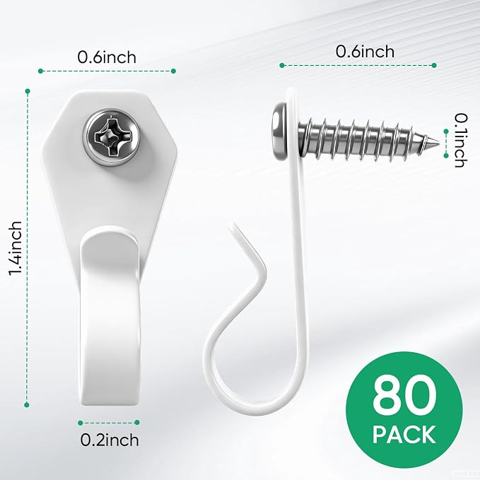 HiGift 80 Pack String Light Hanger Hooks, Stainless Steel Light Clips White, Outdoor Screw Hooks Rope Light Clips for Hanging Christmas Light, Plants, Party Light Wire and Led Fairy Led Light Clips