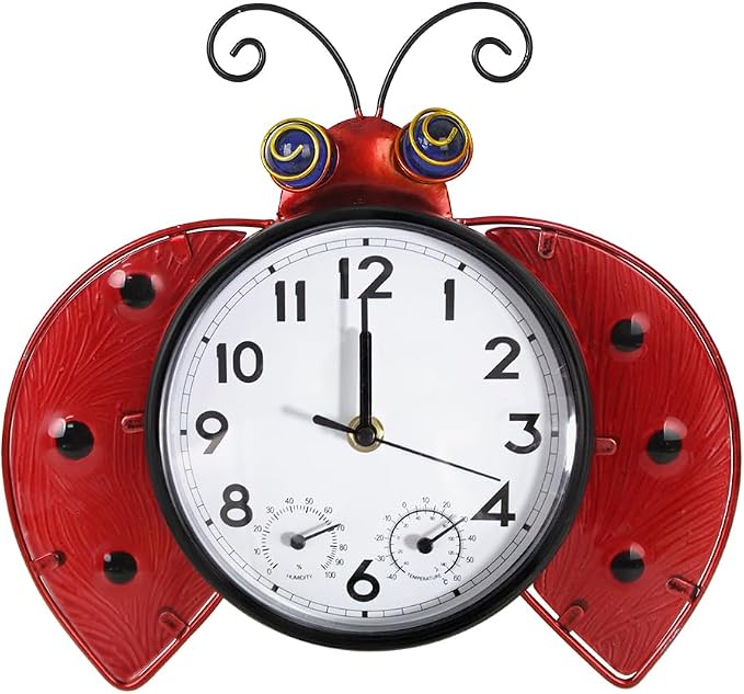 Outdoor Clock with Thermometer and Hygrometer Combo, 13 Inch | Silent No-Ticking, Wall-Mounted Clock Waterproof for Patio, Living Room, Kitchen, Red