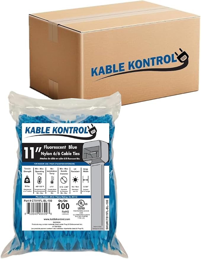 Kable Kontrol Fluorescent Blue Zip Ties 11 Inch 8,500 Pcs, 50 Lbs Tensile Strength, Bulk Pack, Self-locking Nylon Colored Cable Ties Wire Wraps for Indoor or Outdoor Use