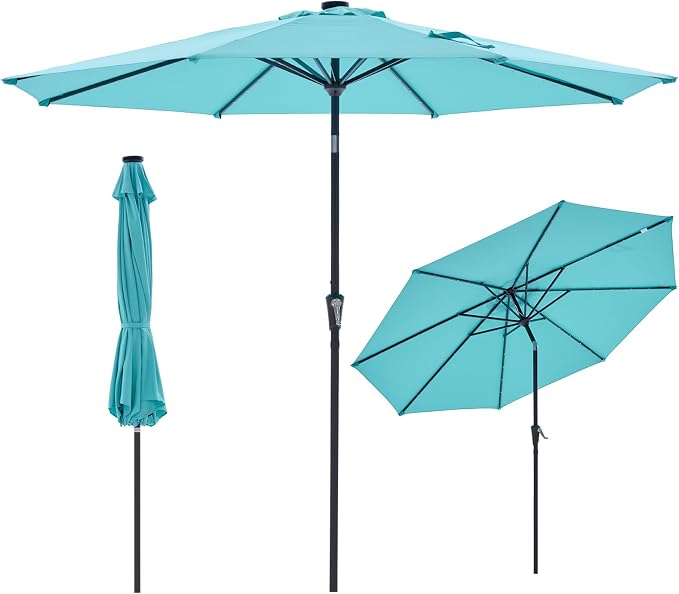 NEWBULIG 10ft Solar Patio Umbrella with 32 LED Lights, Table Market Umbrella with Tilt Adjustment & Crank Lift, Outdoor Sun Umbrella for Garden, Deck, Backyard, Pool and Beach