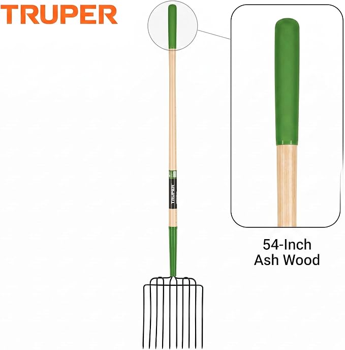 Truper Tru Tough 10-Tine Manure and Bedding Fork, 54-Inch Premium Ash Wood Handle, Forged Steel Head, Heavy-Duty Agricultural & Stable Tool (Model BPJ-10L / 30331)