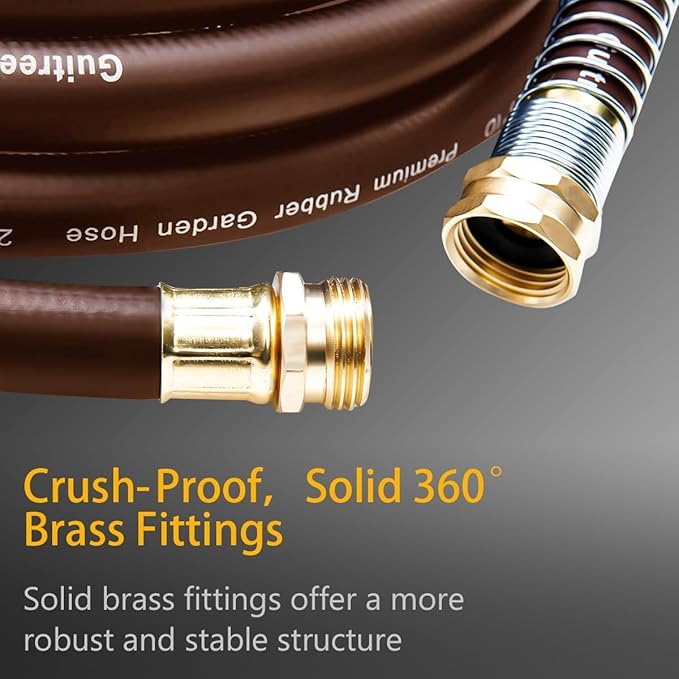 Guitrees Garden Hose 25FT x 5/8", Heavy Duty Rubber Hose, Water Hose with Five Layered Braiding, Male to Female Fittings, 1000PSI Burst, 300PSI Working (Brown)