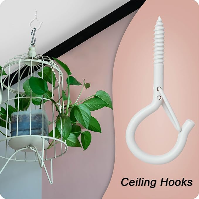 Black Screw Hooks with Safety Lock 2.3" Rustproof Metal Ceiling Hooks for Hanging Plants, Baskets,String Lights & Outdoor Decor, 40LB Capacity (20, White)