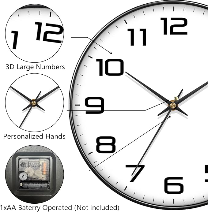 8 Inch Modern Wall Clocks Battery Operated - Silent Non Ticking Quartz Analog Clock with Large Numbers, Easy to Read Digital Wall Clock for Bedroom, Living Room, Kitchen, Office, Gym, Black