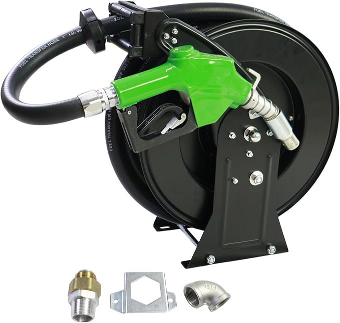 Fuel Hose Reel,1"X33' Retractable Ratchet Spring Driven Diesel Hose Reel,360 Rotating Fuel Hose Swivel,AUTO Fuel Nozzle,SS304 Elbow Pipe,Barb Fitting,300 PSI,Swivel Steel Construction Reel