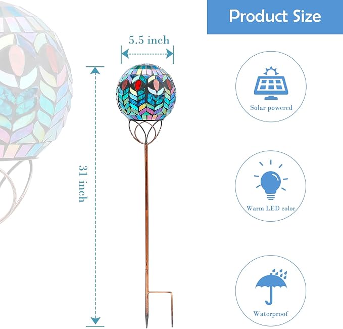 Solar Outdoor Decorative Light, Mosaic Ball Stake for Yard Decor, 6" | 6" Crackle Glass Sphere Mosaic Glass Ball Stake, Waterproof Design & Solar Lights for Lawn, Yard & Pathway Decor, Green