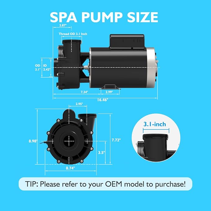 SPA Pump, Single Speed SPA Hot Tub Pump - 56 Frame LX SPA Pump Motor 4HP, 220-240V, 2" Port (Model: 56WUA400-I)