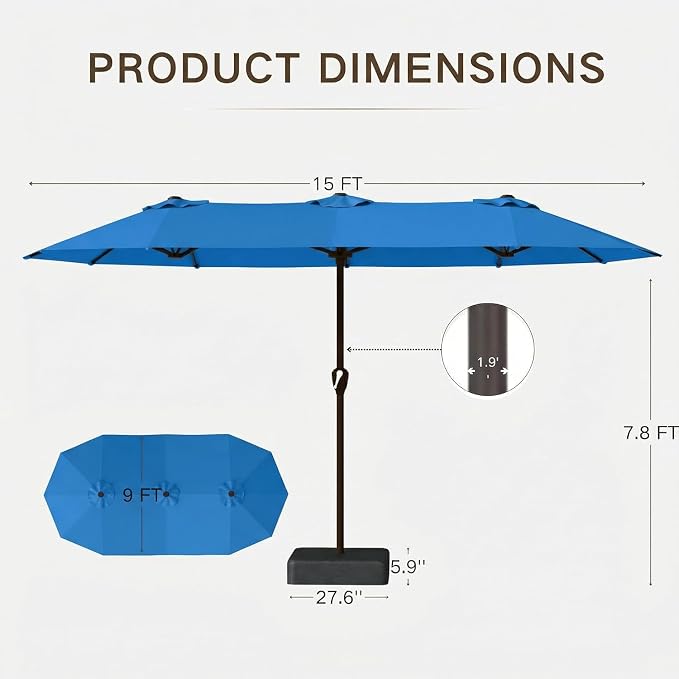 Kingdura 15ft Large Patio Umbrella with Base Included, Double-Sided Rectangle Outdoor Table Umbrella with 12 Reinforced Ribs, Crank Lift for Market Pool Deck Backyard, Royal blue