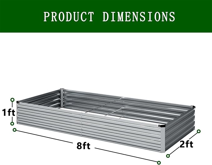 2PCS 8x2x1ft Galvanized Raised Garden Kit,Metal Planter Box,Silver | Outdoor Elevated Metal Planter Box For Vegetables, Flowers & Herbs. Rustproof Galvanized Steel, Open Drainage, Easy Assembly
