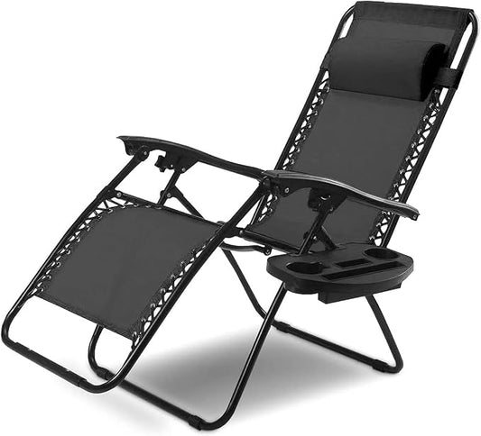 Folding Zero Gravity Reclining Textilene Lounge Chairs, Outdoor Adjustable Patio w/Pillows & Cup Holder Trays for Backyard, Beach, Poolside (BK)