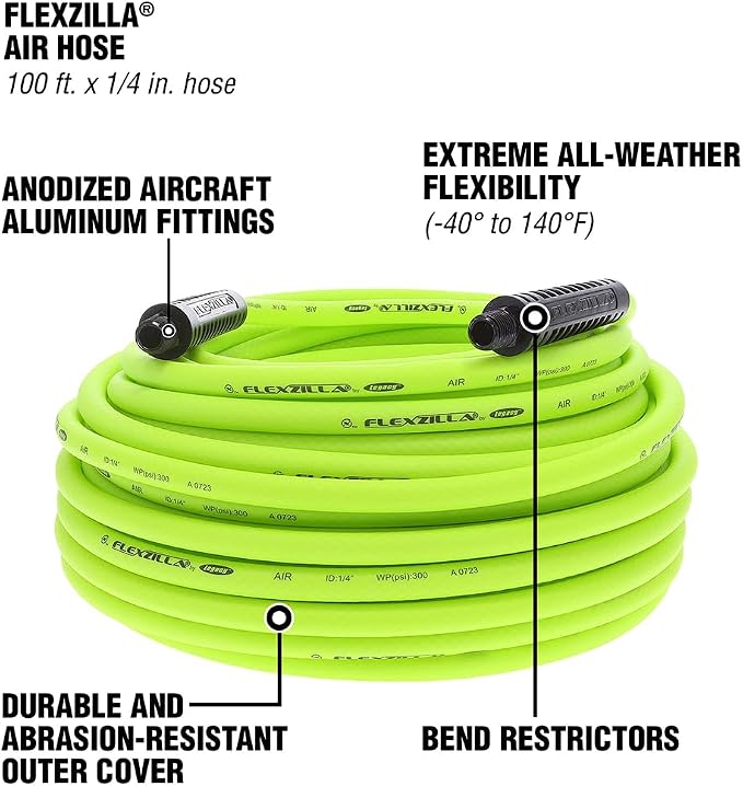 Flexzilla Air Compressor Hose, 1/4 in. x 100 ft., 1/4 in. MNPT Fittings, No-Kink, All Weather, Lightweight, Premium Hybrid Polymer, 300 PSI, ZillaGreen