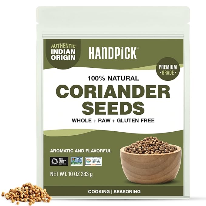 HANDPICK Whole Coriander Seed (283g/10oz) Premium Grade | Pure & Flavorful Coriander Seeds - Indian Origin | Non GMO, Gluten Free | Perfect for Cooking & Seasoning | Resealable (Packaging may vary)