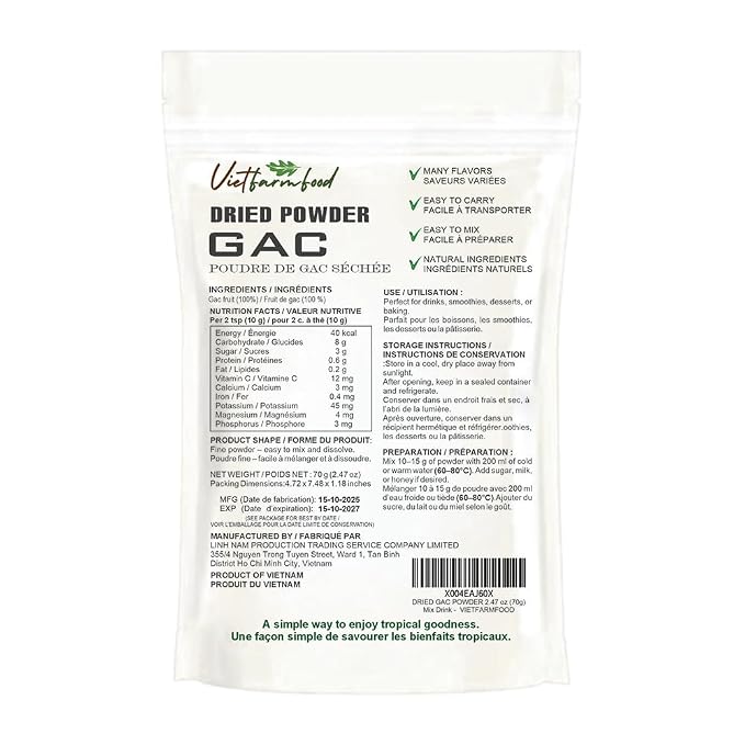GAC POWDER 2.47 oz (70g) VIETFARMFOOD: Pure freeze-dried vegetable powder, made from real vegetables with no added sugar - Perfect for daily nutrition to keep your body full of vitality