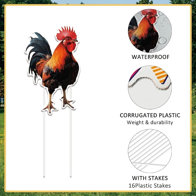 SUPERDANT 8Pcs Roosters Yard Sign with 16 Stakes Realistic Rooster Party Lawn Decorations Animal Theme Party Waterproof Sign Yard Outdoor Lawn Decorative Sign for Garden Lawn Decoration