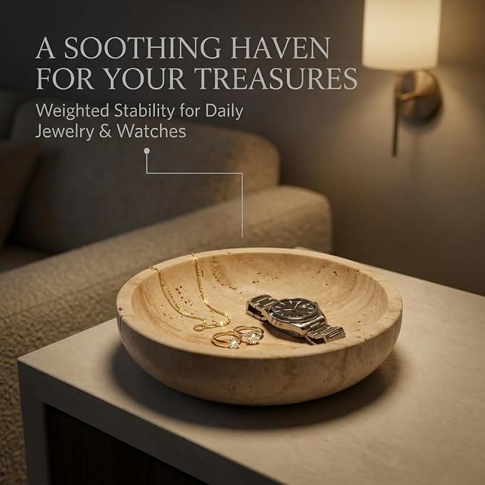Natural Marble Travertine Decorative Bowl - 7.8" Honed Yellow Stone | Organic Modern Centerpiece Key Dish for Keys Entryway Table - Coffee Table Decor - Bedside Ring Jewelry Holder Tray