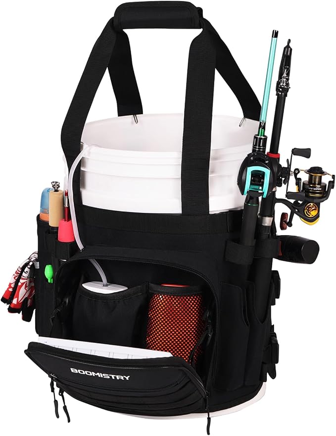 Boomistry Fishing Bucket Organizer for 5 Gallon Bucket, Black | 15 Multi-Pockets, 4 Built-in Rod Holder Storage, 3 Adjustable Buckles, for All Fishing Gear & Tackle Accessories