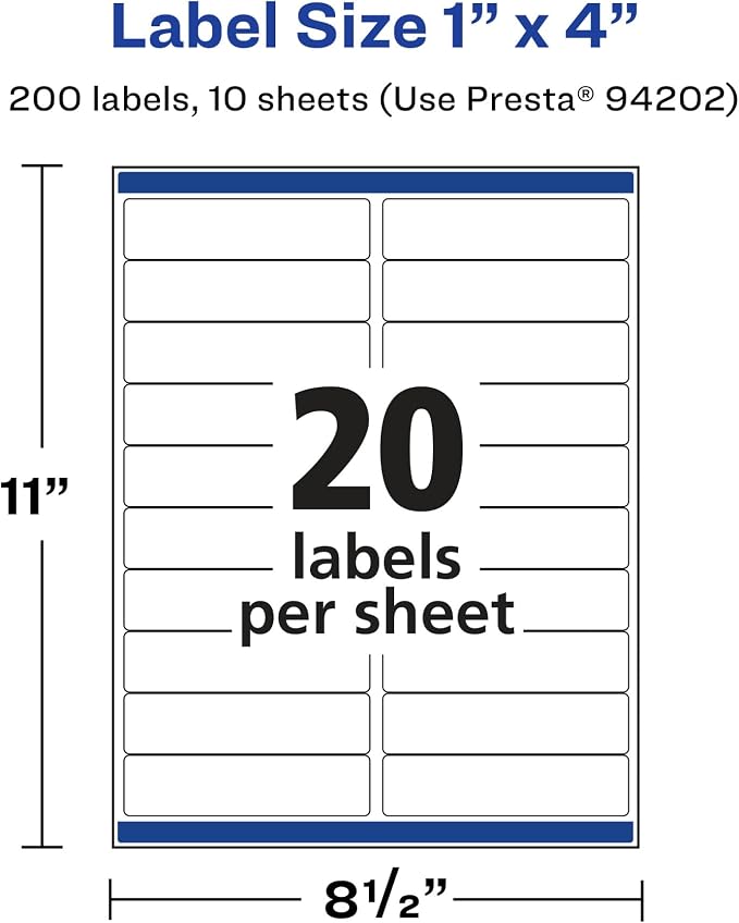 Avery Printable Durable White Rectangle Labels, Sure Feed Technology, 1" x 4", Waterproof Labels, Laser & Pigment-Based Inkjet Compatible, 200 Total, Great for Product Branding, Marketing, and More