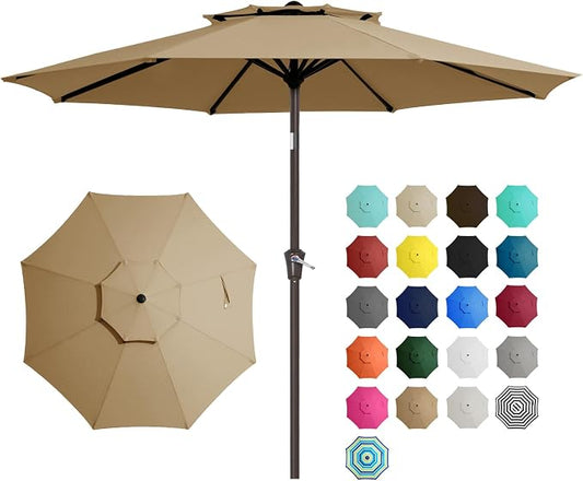 JEAREY 9' 2-Tiers Patio Umbrellas Outdoor Table Market Umbrella w/Push Button Tilt/Crank, 8 Sturdy Ribs, UV Protection Waterproof Sunproof(Tan)