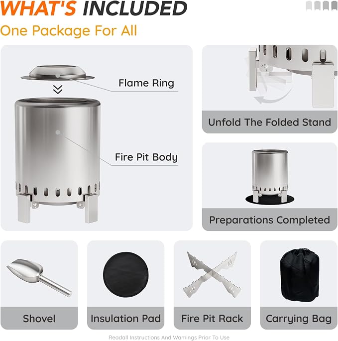Mini Smokeless 7 Inch Tabletop Fire Pit with Pan Stand and Insulation Mat, Portable Stainless Steel Fire Pit for Camping, Patio Tabletop Firepit, Burns Wood or Pellets, Travel Bag Included, Silver