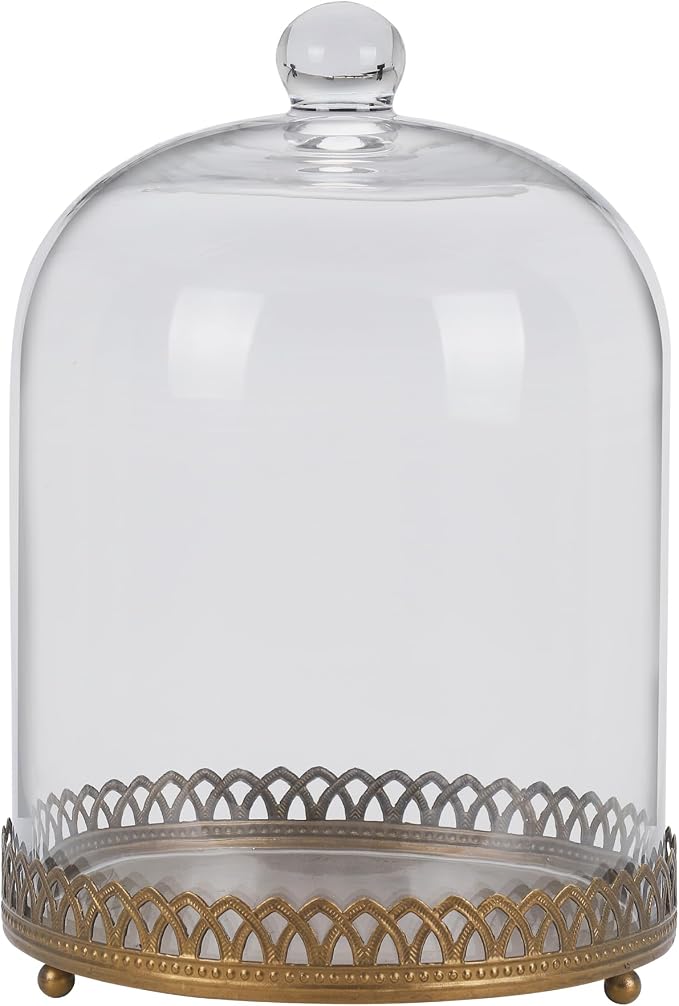 Twakutwku 14" Tall Large Sturdy Handmade Glass Cloche Dome with Metal Base in Gold for Plant, Terrarium, Collectibles, Candle. Cloche Glass Dome, Bell Jar Display Case (Metal Base, 14")