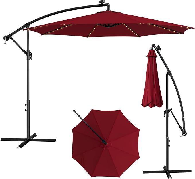 HAPPYGRILL 10FT Cantilever Patio Umbrella with Solar Lights, Outdoor Hanging Offset Umbrella with 112 LED Lights, Tilt Design, Crank Handle, Cross Base Stand for Garden Yard Deck