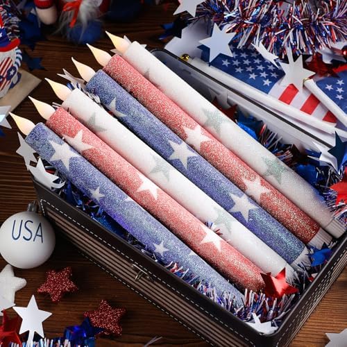 6 Pcs Patriotic Flameless Taper Candles, Glitter Red White and Blue Star Candles for 4th of July 250th Anniversary of Independence Day Home Party Decor, Battery Operated LED Candlesticks - Image 3