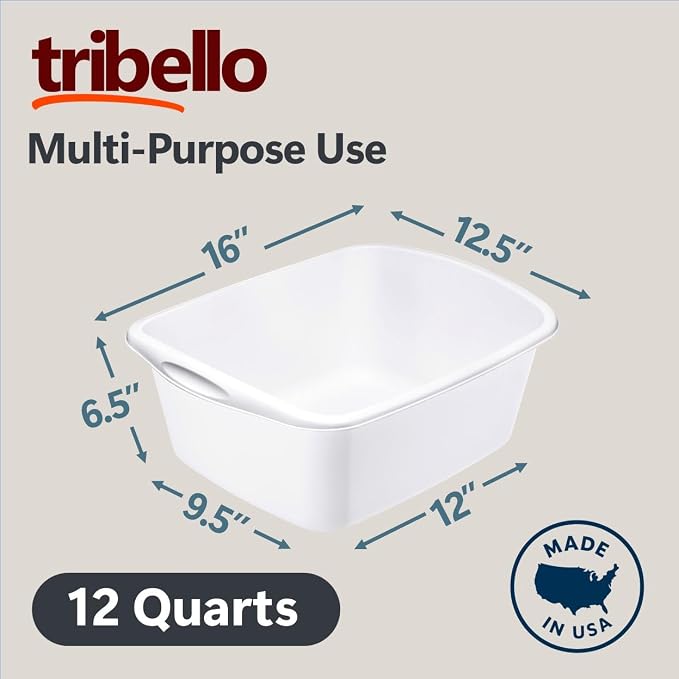 Tribello 2-Pack Dish Pans for Kitchen Sink, Plastic Tub Dishpan Wash Basin and Foot Bath for Soaking Feet, Wash Bucket for Washing and Storage Cleaning Supplies - 12 Quarts - Heavy Duty - (White)