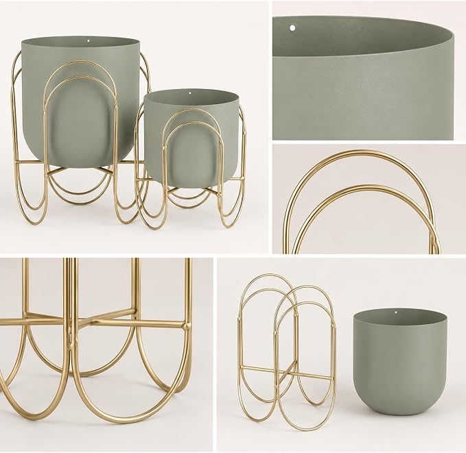 JHY DESIGN Set of 2 Planters with Stand Indoor Outdoor Metal Plant Stand 11.5/8" H Modern Planters Flower Pots for Living Room Corner Kitchen Office Garden Balcony Patio Decor(Green)